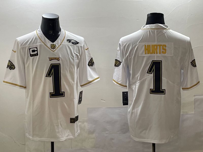 Men Philadelphia Eagles #1 Hurts White gold Throwback 2025 Nike Vapor Limited NFL Jersey style 4